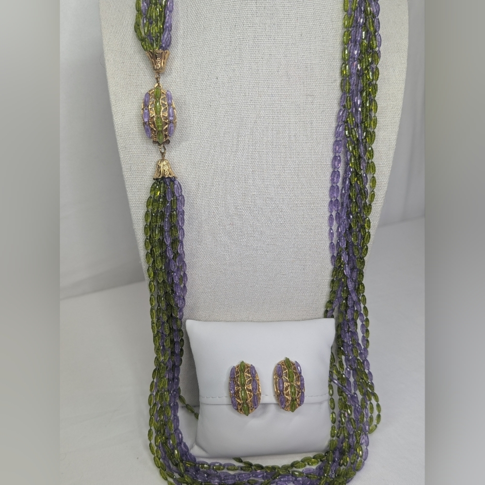 Vintage Purple And Green Statement Necklace & Earrings Set - Estate Jewelry - Picture 3 of 10
